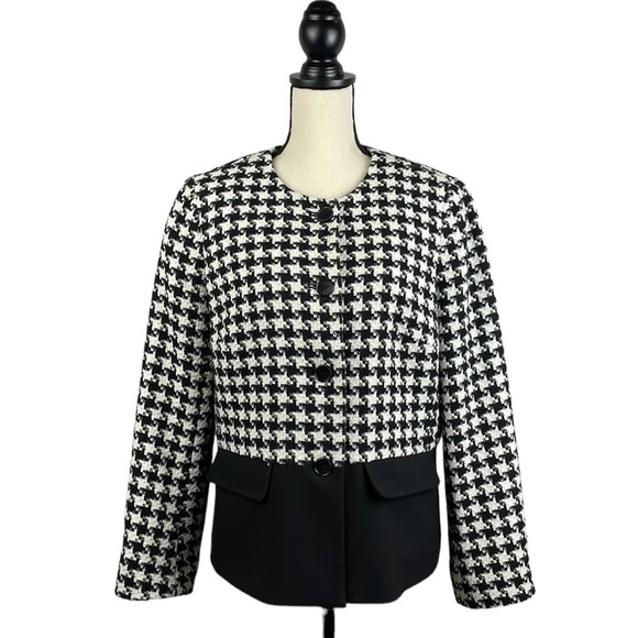 Talbots Houndstooth Jacket Womens Sz 12 Wool Blend Colorblocked Blazer - Picture 1 of 13